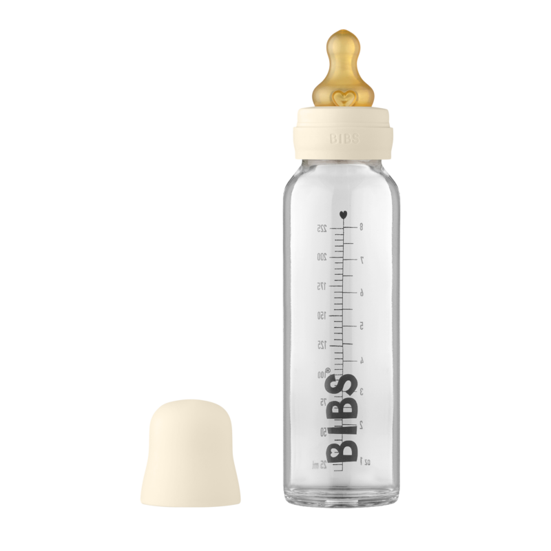 Bibs Sutteflaske 225 ml i glas & Ivory, rund latex flaskesut (slow flow)